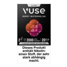Packung Vuse Ultra Pods Berry Watermelon. Schwarze Schachtel mit weißer Vuse Aufschrift und rot-orangen Ornament.