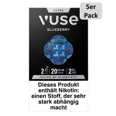 Packung Vuse Ultra Pods Blueberry. Schwarze Schachtel mit weißer Vuse Aufschrift und blauen Ornament und 5er Pack Bottom.