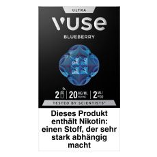Packung Vuse Ultra Pods Blueberry. Schwarze Schachtel mit weißer Vuse Aufschrift und blauen Ornament.