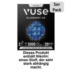 Packung Vuse Ultra Pods Blueberry Ice. Schwarze Schachtel mit weißer Vuse Aufschrift und 5er Pack Bottom.