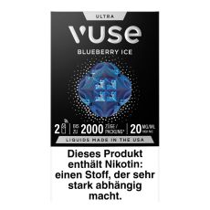 Packung Vuse Ultra Pods Blueberry Ice. Schwarze Schachtel mit weißer Vuse Aufschrift und blauen Ornament.