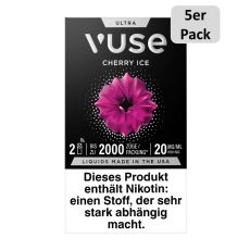 Packung Vuse Ultra Pods Cherry Ice. Schwarze Schachtel mit weißer Vuse Aufschrift und 5er Pack Bottom.