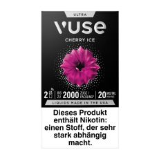 Packung Vuse Ultra Pods Cherry Ice. Schwarze Schachtel mit weißer Vuse Aufschrift und pinken Ornament.