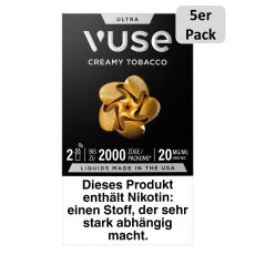 Packung Vuse Ultra Pods Creamy Tobacco. Schwarze Schachtel mit weißer Vuse Aufschrift und 5er Pack Bottom.