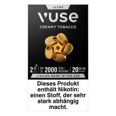 Packung Vuse Ultra Pods Creamy Tobacco. Schwarze Schachtel mit weißer Vuse Aufschrift und goldenen Ornament.