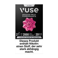 Packung Vuse Ultra Pods Dragon Fruit Pomegranate. Schwarze Schachtel mit weißer Vuse Aufschrift und pinkem Ornament.