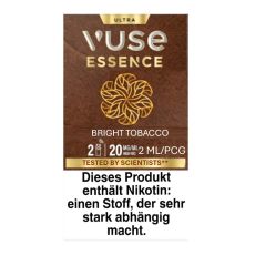 Packung Vuse Ultra Pods Essence Bright Tobacco. Braune Schachtel mit weißer Vuse Aufschrift und goldenem Ornament.