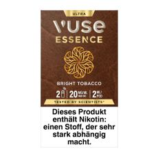 Packung Vuse Ultra Pods Essence Bright Tobacco. Braune Schachtel mit weißer Vuse Aufschrift und goldenem Ornament.