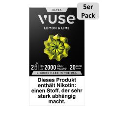 Packung Vuse Ultra Pods Lemon & Lime. Schwarze Schachtel mit weißer Vuse Aufschrift und 5er Pack Bottom.