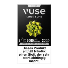 Packung Vuse Ultra Pods Lemon & Lime. Schwarze Schachtel mit weißer Vuse Aufschrift und hellgrünen Ornament.