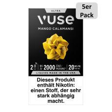 Packung Vuse Ultra Pods Mango Calamansi. Schwarze Schachtel mit weißer Vuse Aufschrift und 5er Pack Bottom.