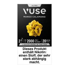 Packung Vuse Ultra Pods Mango Calamansi. Schwarze Schachtel mit weißer Vuse Aufschrift und gelben Ornament.
