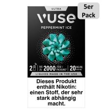 Packung Vuse Ultra Pods Peppermint Ice. Schwarze Schachtel mit weißer Vuse Aufschrift und 5er Pack Bottom.