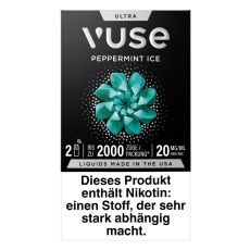 Packung Vuse Ultra Pods Peppermint Ice. Schwarze Schachtel mit weißer Vuse Aufschrift und türkisem Ornament.