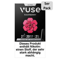 Packung Vuse Ultra Pods Raspberry. Schwarze Schachtel mit weißer Vuse Aufschrift und rot-rosa Blumen-Ornament und 5er Pack Bottom.