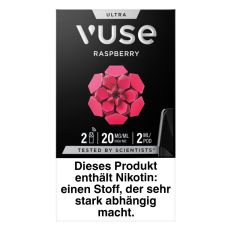 Packung Vuse Ultra Pods Raspberry. Schwarze Schachtel mit weißer Vuse Aufschrift und rot-rosa Blumen-Ornament.