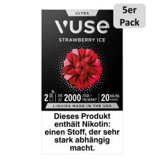 Packung Vuse Ultra Pods Strawberry Ice. Schwarze Schachtel mit weißer Vuse Aufschrift und 5er Pack Bottom.