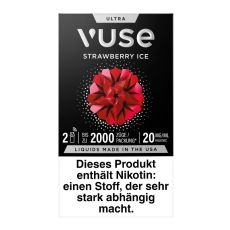 Packung Vuse Ultra Pods Strawberry Ice. Schwarze Schachtel mit weißer Vuse Aufschrift und rotem Ornament.