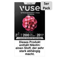 Packung Vuse Ultra Pods Strawberry Pink Guava. Schwarze Schachtel mit weißer Vuse Aufschrift und 5er Pack Bottom.