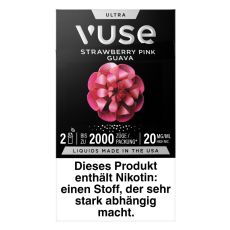 Packung Vuse Ultra Pods Strawberry Pink Guava. Schwarze Schachtel mit weißer Vuse Aufschrift und rosa Ornament.