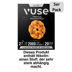 Packung Vuse Ultra Pods Tropical Passionfruit. Schwarze Schachtel mit weißer Vuse Aufschrift und 5er Pack Bottom.