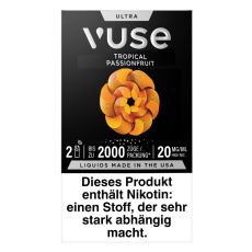 Packung Vuse Ultra Pods Tropical Passionfruit. Schwarze Schachtel mit weißer Vuse Aufschrift und orangem Ornament.