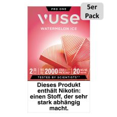 Packung Vuse Liquid Pod Watermelon Ice. Hellrote Schachtel mit weißer Vuse Aufschrift und 5er Pack Bottom.