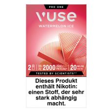 Packung Vuse Liquid Pod Watermelon Ice. Hellrote Schachtel mit weißer Vuse Aufschrift und roter Blüte.