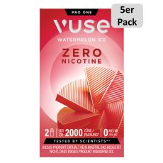 Packung Vuse Liquid Pod Watermelon Ice Zero. Hellrote Schachtel mit weißer Vuse Aufschrift und 5er Pack Bottom.