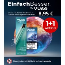 Vuse Pro One + Vuse Pods Aktion 1+1. Grüne Packung Vuse Pro One u. 1 blaue Packung Vuse Pods mit rundem Aktionsbottom und blauem Hintergrund.