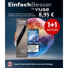 Vuse Pro One + Vuse Pods Aktion 1+1. Graue Packung Vuse Pro One u. blaue Packung Vuse Pods mit rundem Aktionsbottom und blauem Hintergrund.
