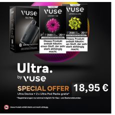 Aktion Vuse Ultra Device Black. Schwarzes Gerät mit zwei Vuse Pods Packungen Cherry und Lemon & Lime.