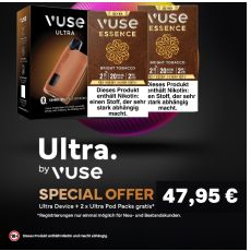 Aktion Vuse Ultra Device Copper. Braunes Gerät mit zwei Vuse Pods Packungen Essence Bright Tobacco.