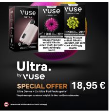 Aktion Vuse Ultra Device Pearl Rose. Wollweisses Gerät mit zwei Vuse Pods Packungen Cherry und Lemon & Lime.