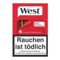 Schachtel Filterzigarillos West Red 17 Stück. Rote Packung mit weiß-schwarzen West Logo und Red Aufschrift.