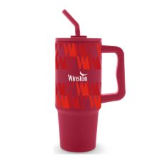 Rot gemusterten Trinkbecher mit Griff und Strohhalm mit weißem Winston Logo.