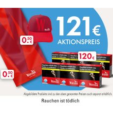 Aktion Winston Zigaretten Red Strandtuch. Blauer Hintergrund mit zwei Stangen Winston Zigaretten, Trucker Cap und Strandtuch.