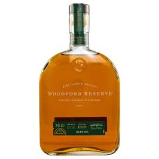 Woodford Reserve Straight Rye Whiskey. Flasche mit golden-farbenden Inhalt und weißer Woodford Reserve Aufschrift.