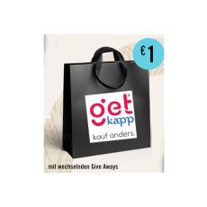 Schwarze Wundertüte mit getkapp Logo und blauem ein Euro Bottom.