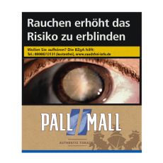 Schachtel Zigaretten Pall Mall Authentic blau Giga. Braune Packung mit blauen Pausezeichen  und weißem Pall Mall Logo.