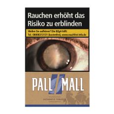 Schachtel Zigaretten Pall Mall Authentic blau. Braune Packung mit  blauen Streifen und weißem Pall Mall Logo.