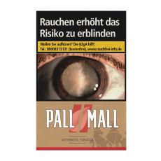 Schachtel Zigaretten Pall Mall Authentic rot. Braune Packung mit zwei rote Streifen und weißem Pall Mall Logo.