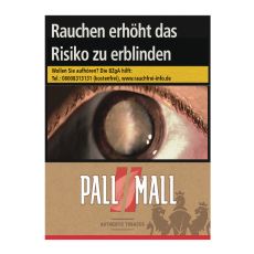 Schachtel Zigaretten Pall Mall Authentic rot Super. Braune Packung mit roten Pausezeichen und weißem Pall Mall Logo.