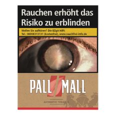 Schachtel Zigaretten Pall Mall Authentic rot. Braune Packung mit zwei rote Streifen als Pausezeichen und weißem Pall Mall Logo.