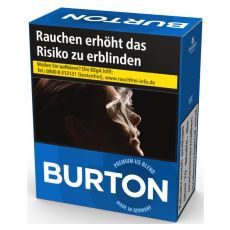 Schachtel Zigaretten Burton Zigaretten Blau XXXL. Große blaue Packung mit weißer Burton Aufschrift und Logo.