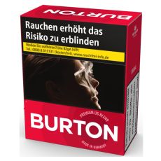 Schachtel Zigaretten Burton Original Rot XXXL. Rote Packung mit weißem Burton Logo.