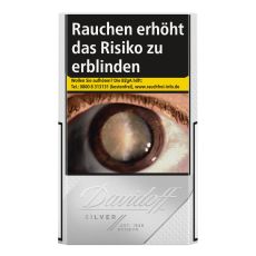 Schachtel Zigaretten Davidoff Silver. Silberne Packung mit dunkelgrauem Davidoff Logo.