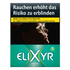 Schachtel Zigaretten Elixyr+ green M-Type. Große grüne Packung mit weißem Elixyr Logo und großem X.