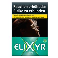 Schachtel Zigaretten Elixyr+ green M-Type. Grüne Packung mit weißem Elixyr Logo und großem X.