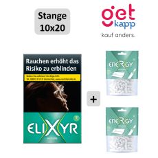 Sparset Zigaretten Elixyr M-Type Green. Grüne Packung mit Elixyr Logo und zwei Energy Filter Tips Tüten.